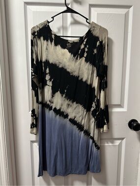 Tie-Dye Long Sleeve Dress in Black, Cream & Blue